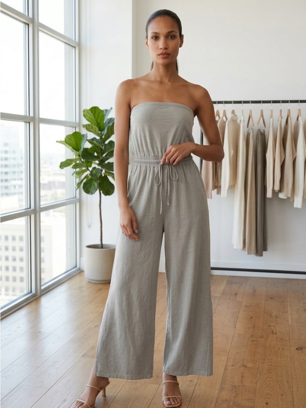 Zenana Strapless Wide-Leg Jumpsuit in Light Gray NWOT sz Small